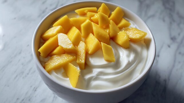 A bowl of yogurt topped with fresh mango slices on a marble countertop