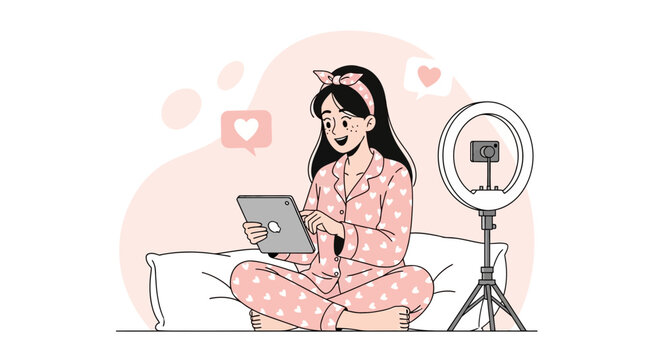 Girl in pajamas with tablet and ring light, social media online content creation