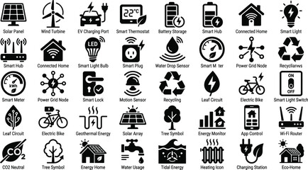 Fototapeta premium Green energy, smart home technology icon set, eco UI elements for web apps - stock vector