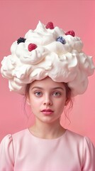 Fototapeta premium Child wearing whipped cream hat decorated with fresh berries. Surreal dessert concept on pink background.