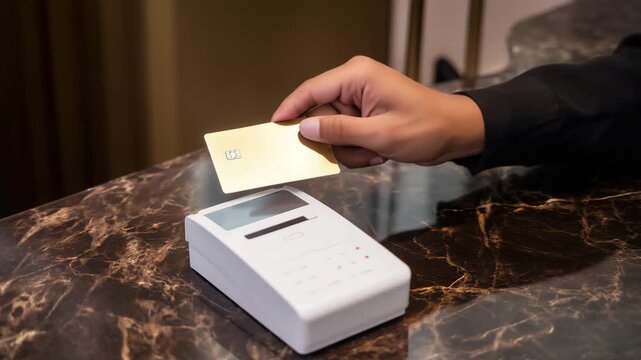 Customer inserting gold bank card into payment terminal, chip card checkout, retail banking, secure transaction, cashless economy, fintech technology and digital commerce
