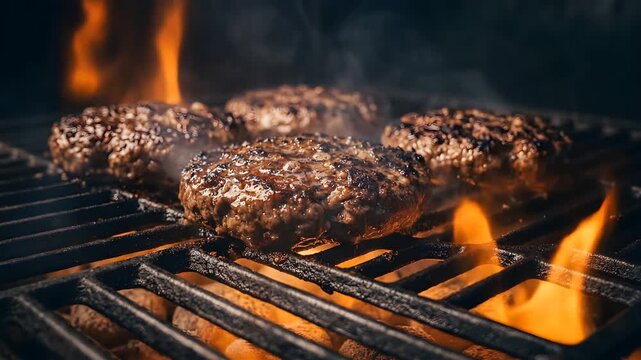 Juicy beef burger patties grilling to perfection on a hot barbecue with open flames, creating a delicious smoky aroma perfect for any summer cookout