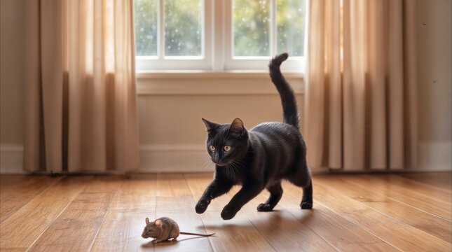 Black shorthair cat chasing small mouse on hardwood floor. Domestic predator hunting rodent in sunlit living room.