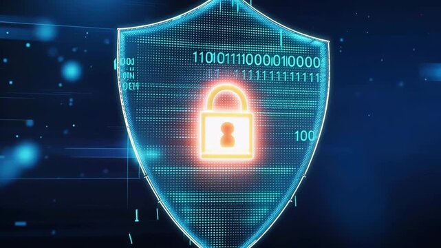 Cybersecurity shield with glowing data stream on dark digital background, network protection, data security, cyber defense, privacy, firewall technology and secure