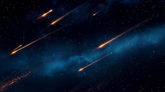 Fiery meteors falling through dark starry space with glowing trails, asteroid shower, cosmic background, astronomy science, celestial phenomenon and space