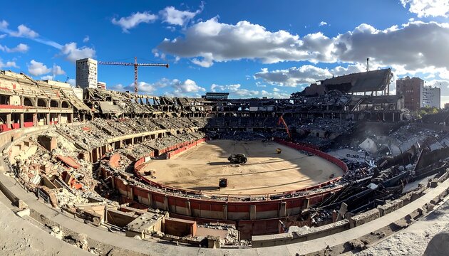 Panoramic view of bullring construction site.