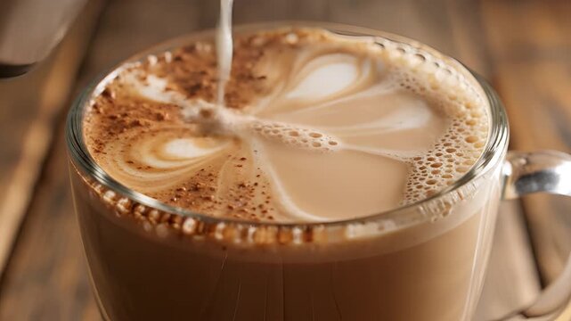 Pouring Cream into Hot Chocolate with Cinnamon Swirls.