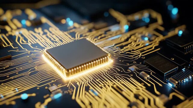 Glowing microchip on dark circuit board with blue data lights, artificial intelligence hardware, semiconductor technology, computing power, digital processor