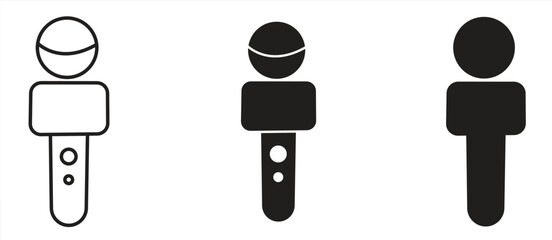 Microphone vector icon set with flat silhouette design of studio microphone on stand and handheld vocal microphone with audio cable, isolated on white background. © sawangsinawang