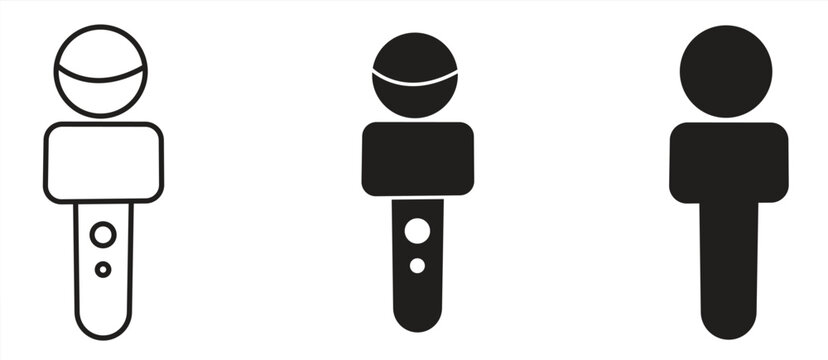 Microphone vector icon set with flat silhouette design of studio microphone on stand and handheld vocal microphone with audio cable, isolated on white background.