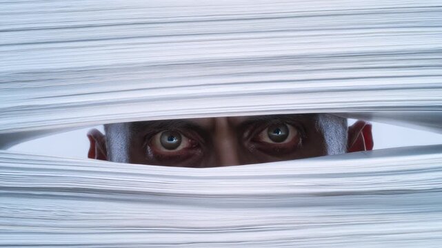 Man looking through stack of white paper sheets. Male eyes peering through gap in documents. Office bureaucracy, secrecy and surveillance concept