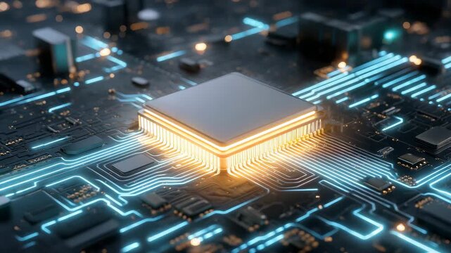 glowing microchip, dark circuit board, blue data lights, artificial intelligence hardware, semiconductor technology, computing power, digital processor, innovation, high performance electronics