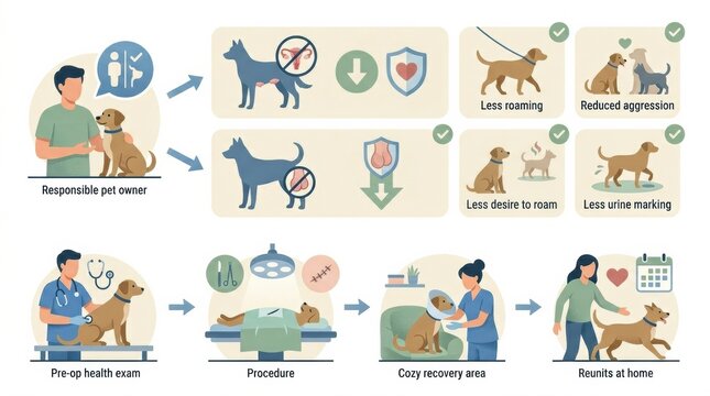 The spay neuter procedure steps, highlighting pet care, pre-operative health exams, and post-operative recovery.