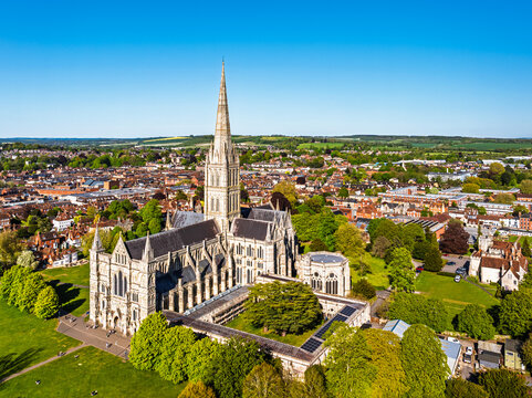 Salisbury Cathedral from a drone, Salisbury, Wiltshire, England