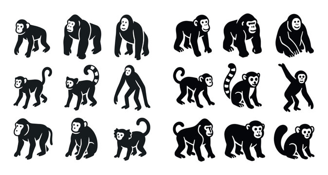 Animal icons with monkey chimpanzee silhouettes