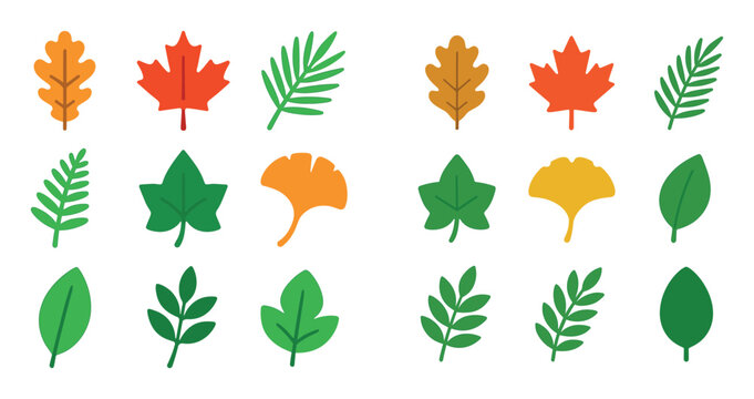 Autumn icons with maple leaf oak leaf fern flat colorful