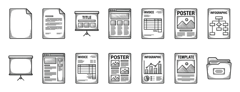 Hand-drawn business and document icon set featuring various elements like invoices, posters, infographics, and web page layouts in a black and white engraved illustration style