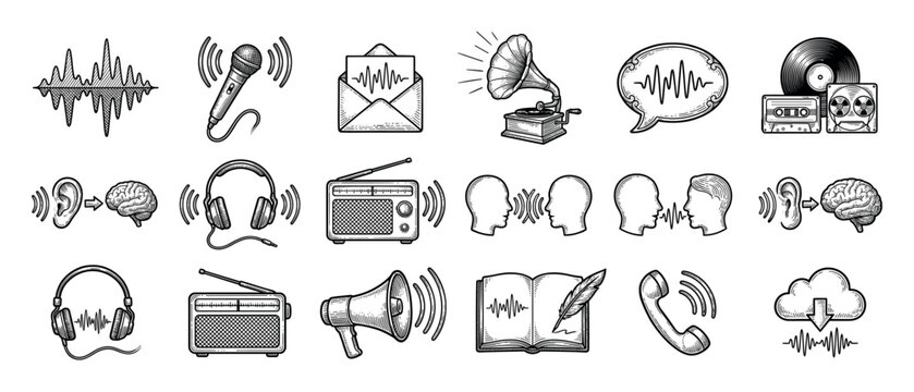 Set of hand-drawn audio and communication icons in a vintage engraving style, illustrating concepts of listening and recording with a microphone, radio, and headphones