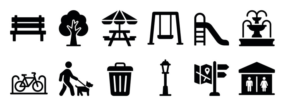 Set of black solid glyph icons representing public park elements like a bench, swing, slide, fountain, and picnic table for urban recreation and leisure concepts