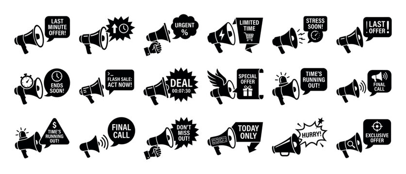 Black megaphone and loudspeaker icon set with promotional sales messages like last minute offer, final call, and limited time deal for marketing and advertising