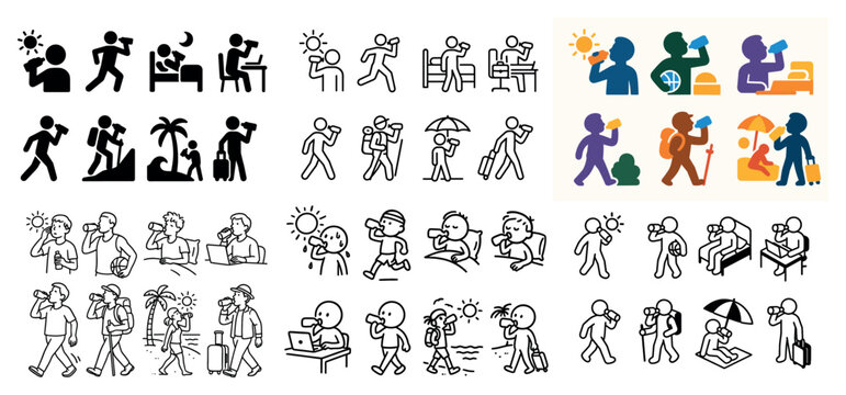 Travel icons with person suitcase umbrella outline