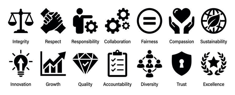 Set of black business core value icons representing concepts like integrity, respect, collaboration, diversity, and trust for illustrating corporate ethics and company culture principles