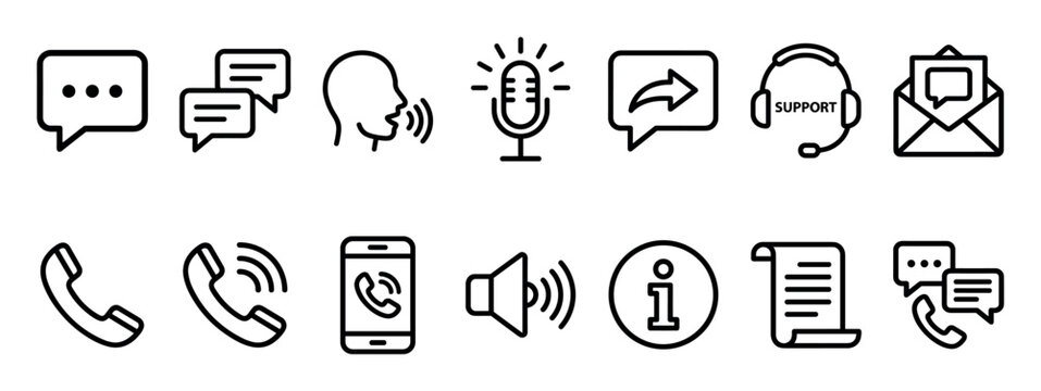 Set of black line icons representing communication and customer support concepts like chat, phone calls, email, and information, presented in a clean, minimalist vector style