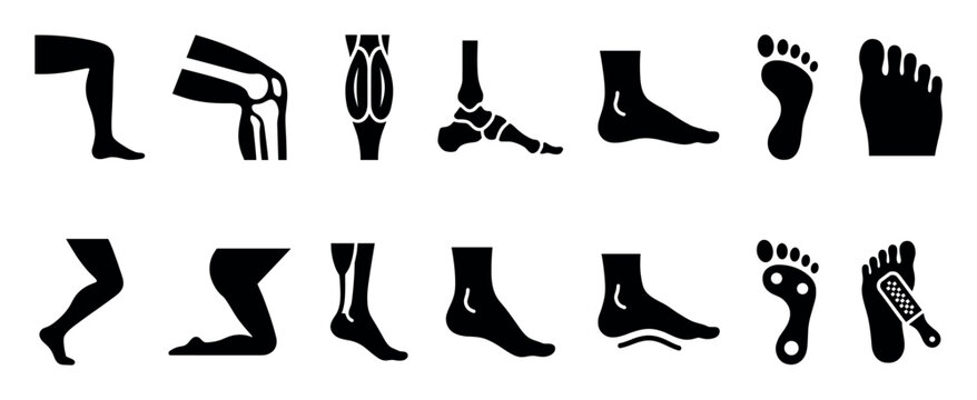 Black glyph icon collection of human legs and feet showing anatomy, orthopedics, podiatry, and foot care concepts like knee joints, flatfoot, insoles, and pedicure