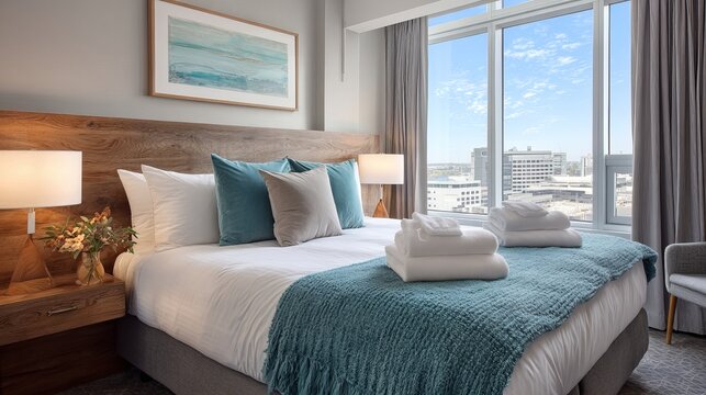 A luxurious hotel room with a large bed and a stunning city view