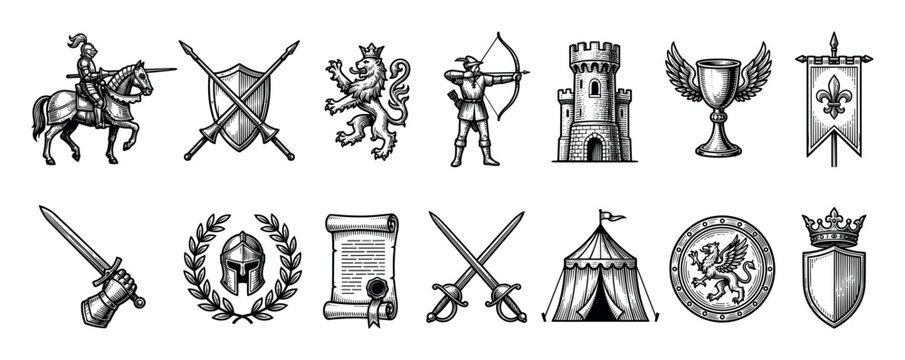 Large set of medieval fantasy icons in a classic black and white engraving style, including a knight on horseback, a castle tower, heraldic symbols, and various weapons