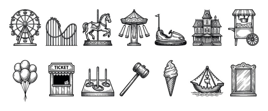Vintage amusement park and carnival icons rendered in a black and white engraving style show a ferris wheel, roller coaster, carousel, haunted house, and ticket booth