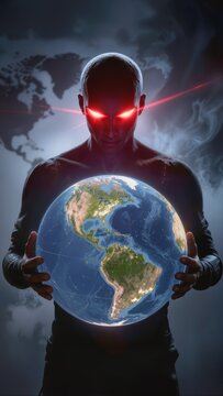 Futuristic male figure with glowing red eyes holding planet earth. Digital art of powerful man controlling world globe against dark background.