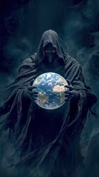 Figure in black robes holding planet Earth in hands. Dark entity with glowing red eyes grasping globe against smoky background. Global crisis and environmental destruction concept.