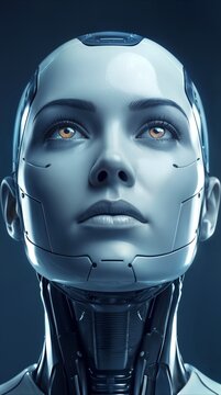 Android face with feminine features looking upward. Close-up of humanoid robot with synthetic white skin and glowing amber eyes.