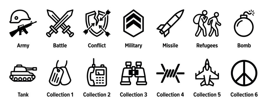 Collection of black line icons representing war, military conflict, and peace symbols in a minimalist vector style, including a tank, jet, bomb, missile, and refugees