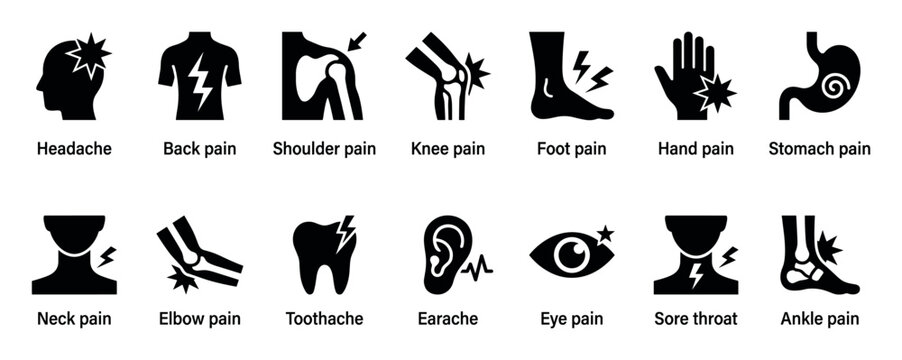 Collection of black glyph icons representing various types of human body pain, including headache, back pain, joint injury, and other common medical symptoms and ailments