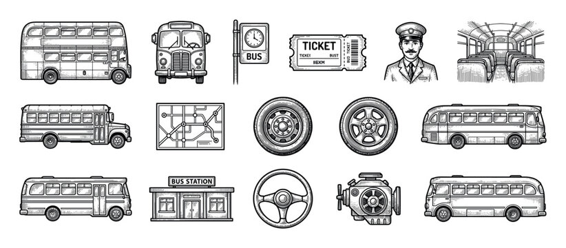 Set of vintage bus transport illustrations including a double-decker, school bus, driver, ticket, station, map, engine, and wheel in a black and white engraving sketch style
