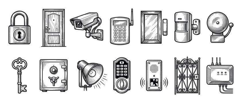 Collection of home security system icons including a padlock, camera, safe, keypad, and alarm bell, illustrated in a detailed black and white vintage engraving sketch style