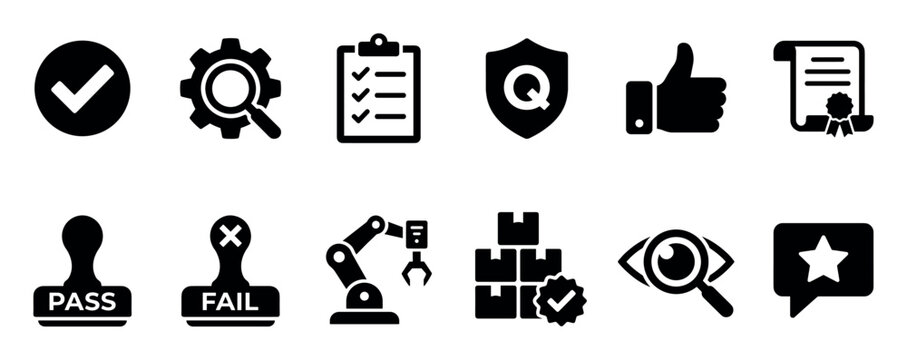 Quality control and assurance icon set with black solid glyphs representing inspection, certification, standards, approval, manufacturing, and customer feedback