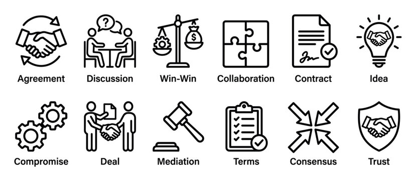 Set of black line icons representing business agreement concepts like collaboration, contracts, mediation, and trust in a minimalist vector style for presentations