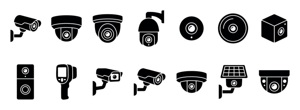 Security camera and surveillance equipment icon set featuring various CCTV, dome, bullet, and thermal cameras in a solid black glyph style for safety and monitoring concepts