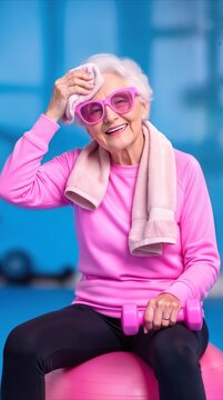 Fit grandmother wiping sweat after workout in gym. Active lifestyle for senior citizens and healthy aging.