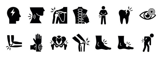 Obraz premium Black glyph icons set representing various types of body pain and medical symptoms like headache, joint inflammation, backache, and stomach ache in a simple pictogram style