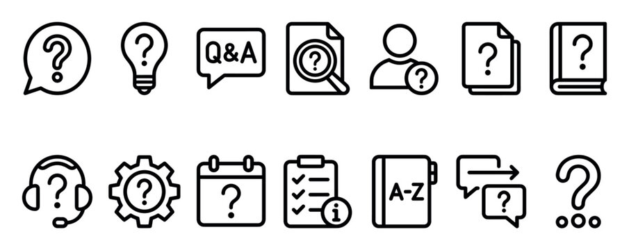 Set of black line icons representing questions, answers, and customer support concepts like FAQ, helpdesk, and information search, rendered in a clean minimalist vector style for web and app design