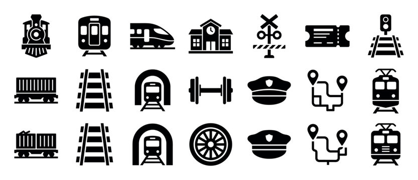 Collection of black train and railway glyph icons showing a locomotive, station, tracks, ticket, route map, and other transportation symbols for graphic design and user interface