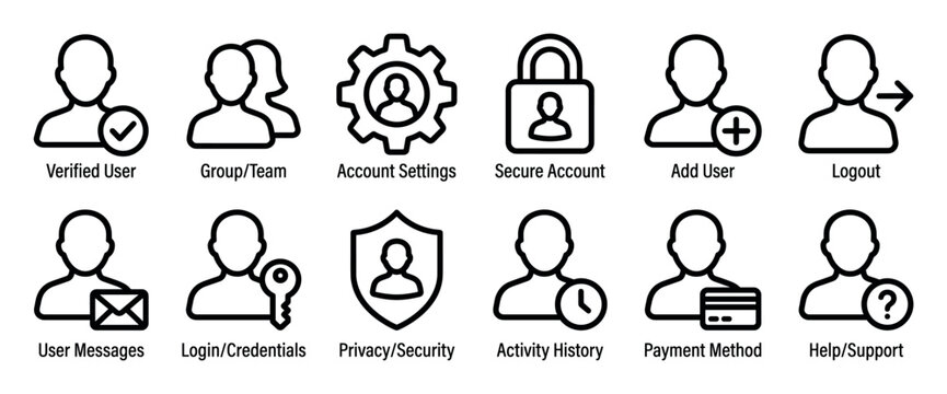 Set of black line icons for user account management, including symbols for login, security, settings, privacy, payment, and support for a web or app interface