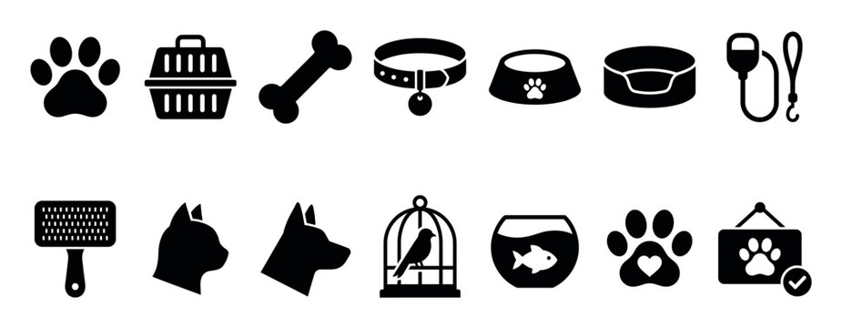Collection of black pet care icons showing a paw print, carrier, bone, collar, bowl, cat, dog, bird, and fish for veterinary or pet shop concepts in a flat glyph style