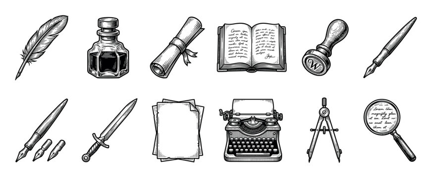Vintage set of writing and drawing tools including a quill, inkwell, typewriter, and scroll, illustrated in a detailed black and white engraving or woodcut sketch style