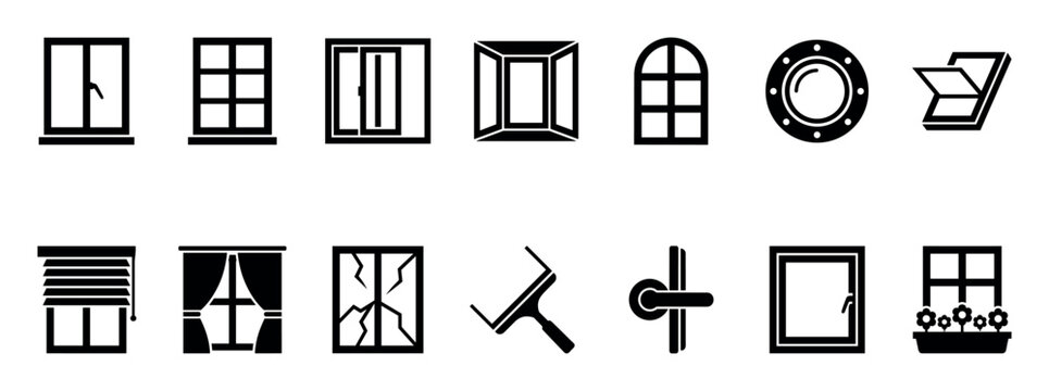 Collection of black window and glass icons illustrates various architectural frame styles, including casement, arched, porthole, and bay, plus related items like blinds and a squeegee