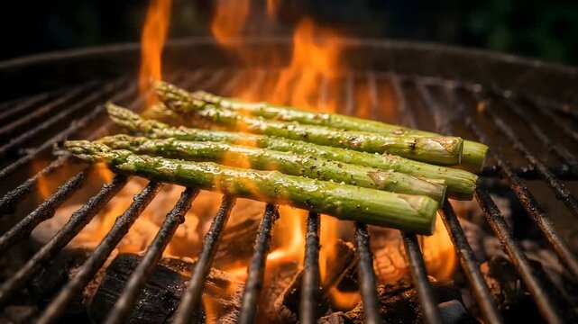 Fresh green asparagus spears sizzling on a hot barbecue grill, kissed by vibrant flames, creating a delicious and healthy outdoor cooking scene for a summer meal